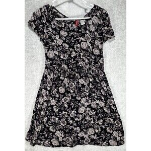 H&M Divided Black Floral Viscose Dress sz 4 Laceup Back Short Sleeve Lightweight